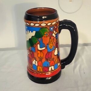 Folk Art Mexican Pottery Terra Cotta "Village Celebration" Tall Mug